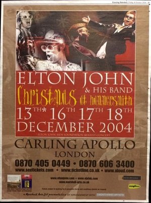 Concert poster from Elton John - Carling Apollo Hammersmith, London, England - Dec 16, 2004