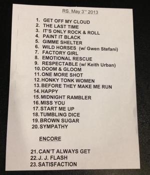 Setlist photo from The Rolling Stones - Staples Center, Los Angeles, CA, USA - May 3, 2013